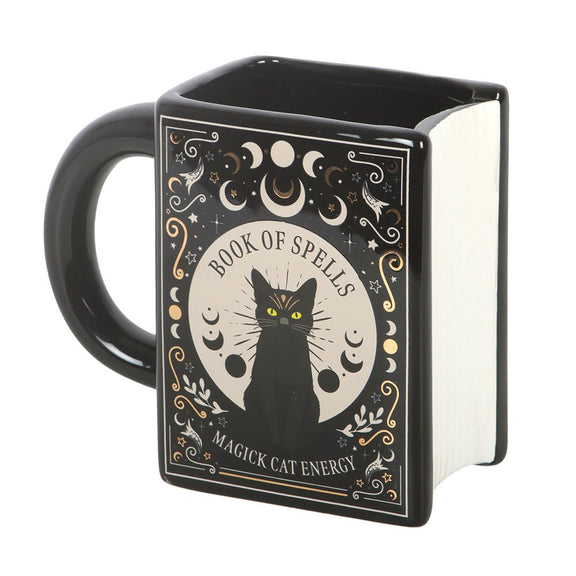 Mug grimoire Book of Spells en forme de livre ancien avec chat noir, lunes et étoiles, 450 ml