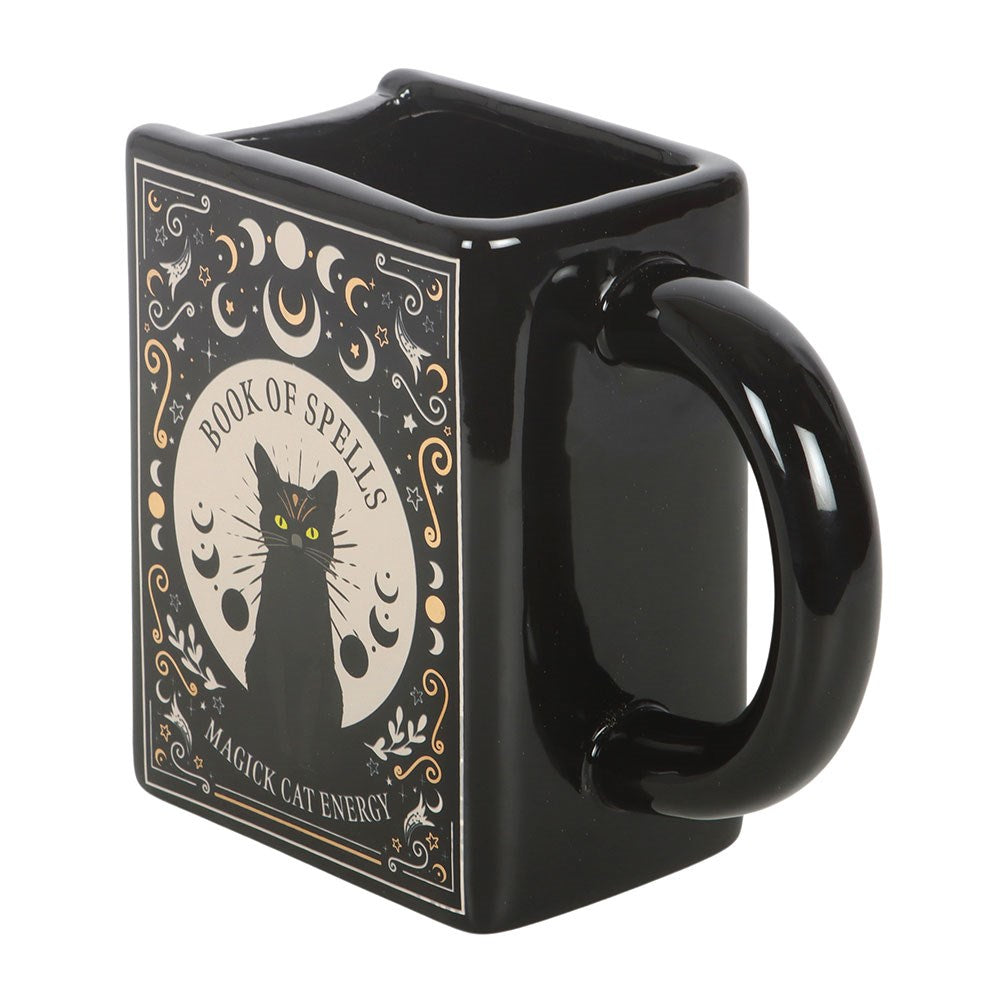 Mug grimoire Book of Spells en forme de livre ancien avec chat noir, lunes et étoiles, 450 ml