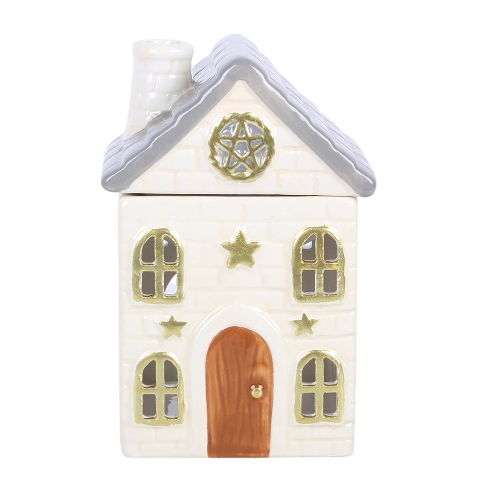 Brûle-parfum maison cottage blanche en céramique pour fondant parfumé, décoration cottagecore