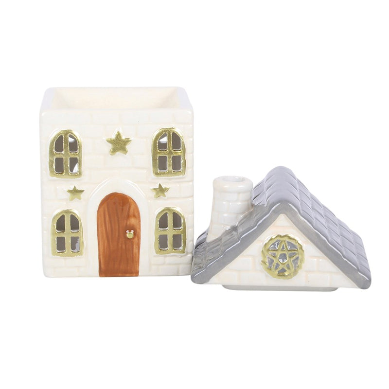 Brûle-parfum maison cottage blanche en céramique pour fondant parfumé, décoration cottagecore