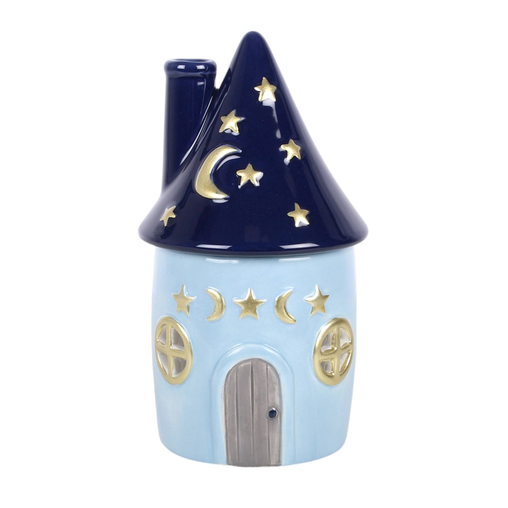 Brûle-parfum maison céleste bleue en céramique, toit bleu nuit étoilé et détails dorés