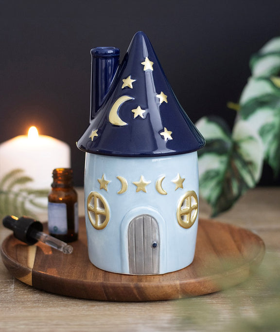 Brûle-parfum maison céleste bleue en céramique, toit bleu nuit étoilé et détails dorés