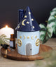 Brûle-parfum maison céleste bleue en céramique, toit bleu nuit étoilé et détails dorés