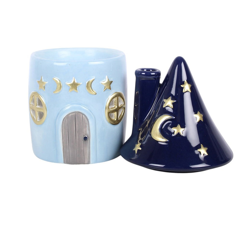 Brûle-parfum maison céleste bleue en céramique, toit bleu nuit étoilé et détails dorés
