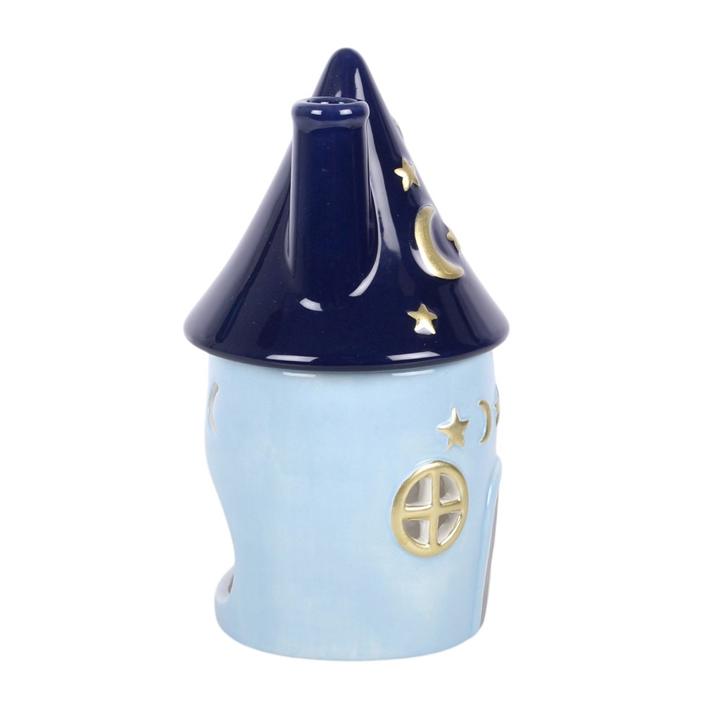 Brûle-parfum maison céleste bleue en céramique, toit bleu nuit étoilé et détails dorés