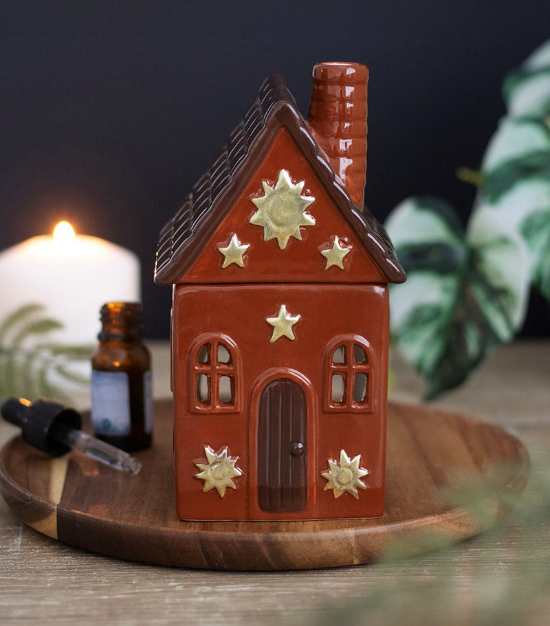 Brûle-parfum maison cottage rouge en céramique pour fondant parfumé, décoration cottagecore