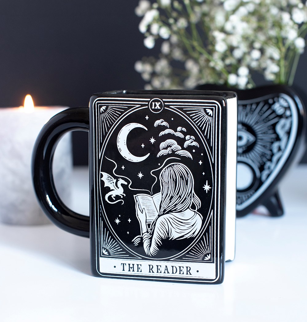 Mug en forme de livre ancien The Reader, tranche blanche façon pages, illustration mystique