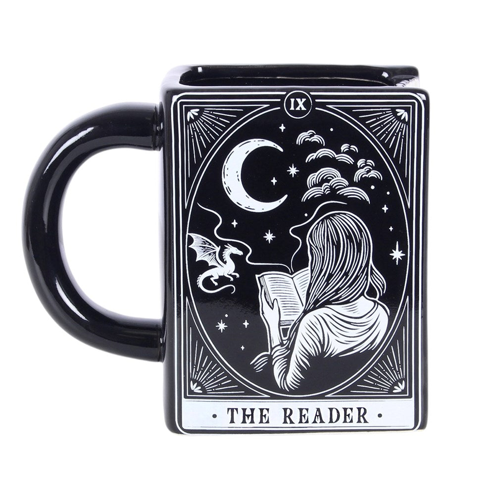 Mug en forme de livre ancien The Reader, tranche blanche façon pages, illustration mystique