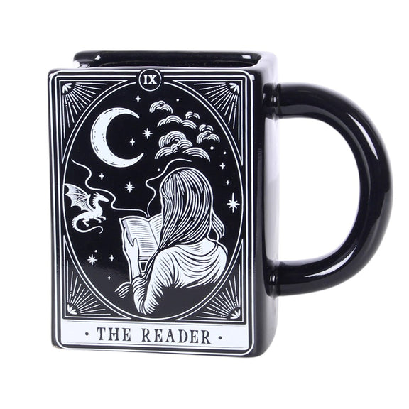 Mug en forme de livre ancien The Reader, tranche blanche façon pages, illustration mystique