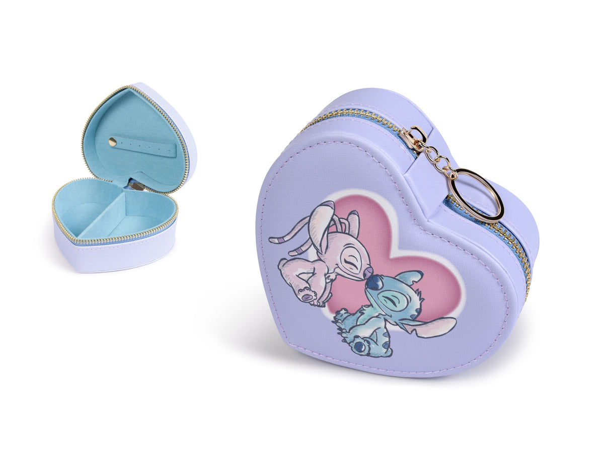 Boîte à bijoux Disney en forme de cœur lilas pastel avec Stitch et Angel enlacés et fermeture zip dorée