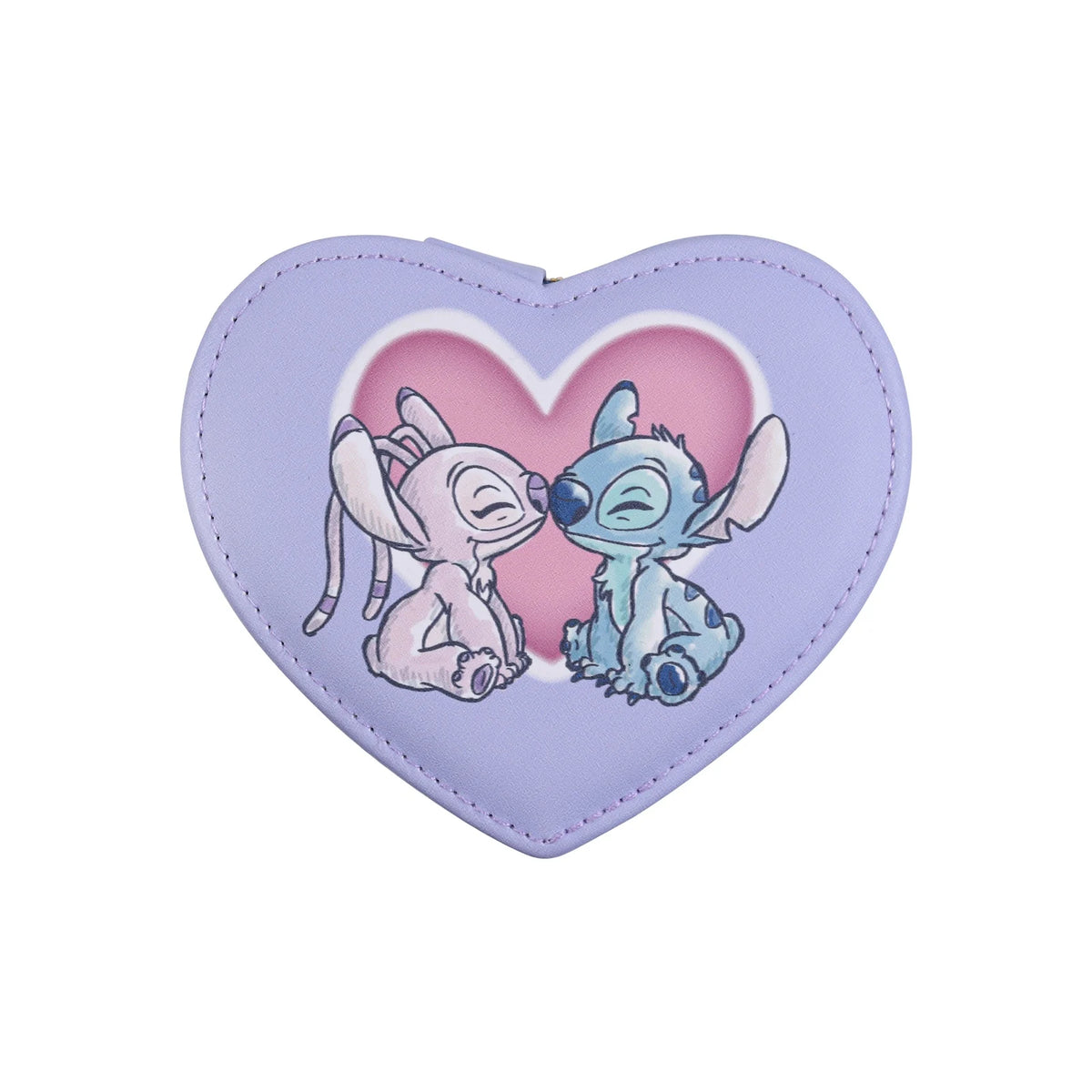 Boîte à bijoux Disney en forme de cœur lilas pastel avec Stitch et Angel enlacés et fermeture zip dorée