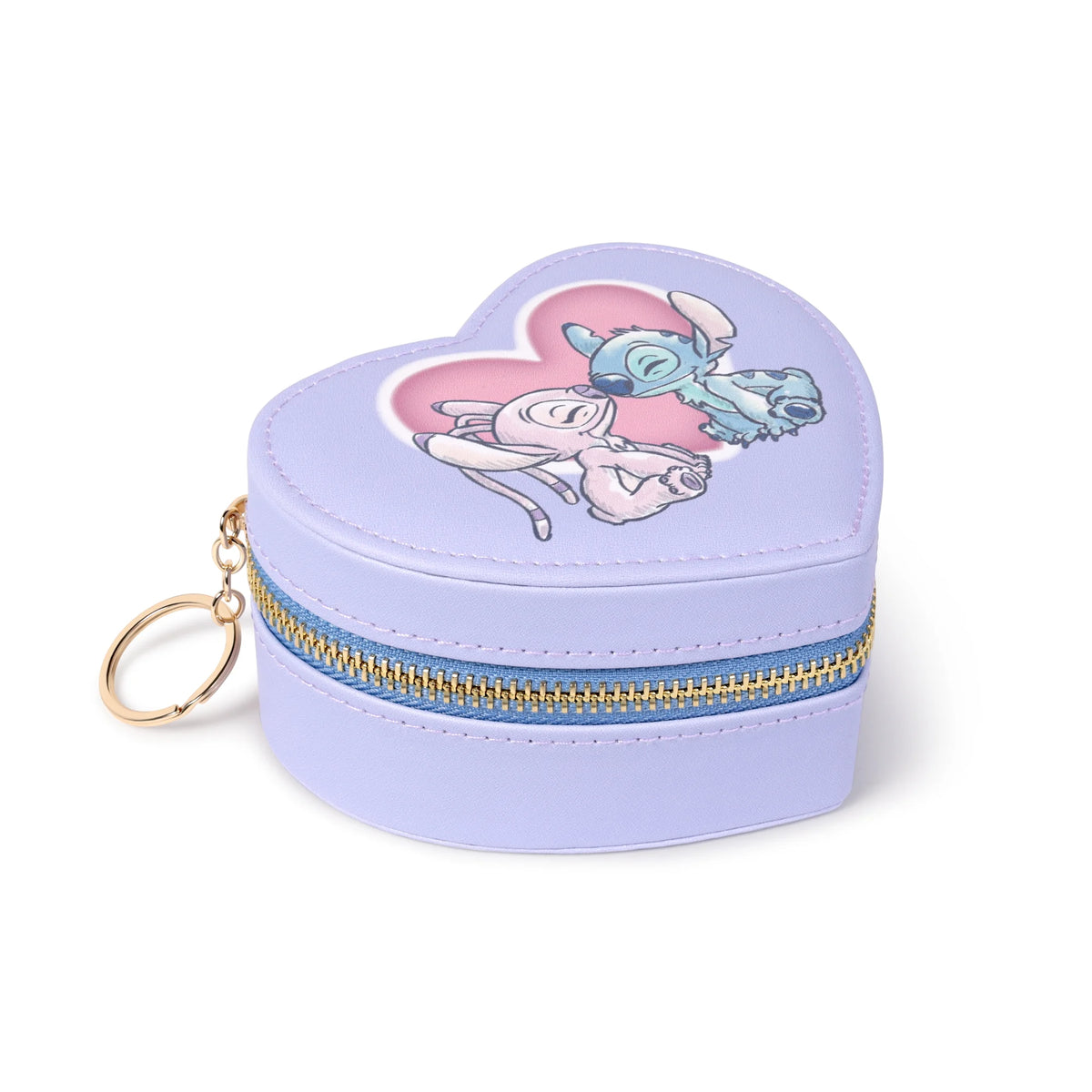 Boîte à bijoux Disney en forme de cœur lilas pastel avec Stitch et Angel enlacés et fermeture zip dorée