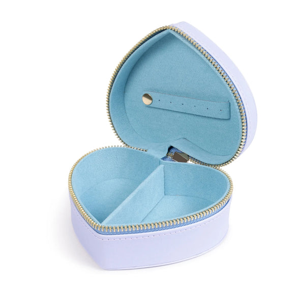 Boîte à bijoux Disney en forme de cœur lilas pastel avec Stitch et Angel enlacés et fermeture zip dorée
