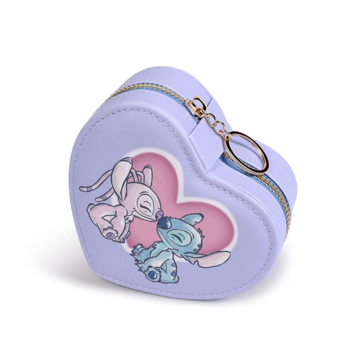 Boîte à bijoux Disney en forme de cœur lilas pastel avec Stitch et Angel enlacés et fermeture zip dorée