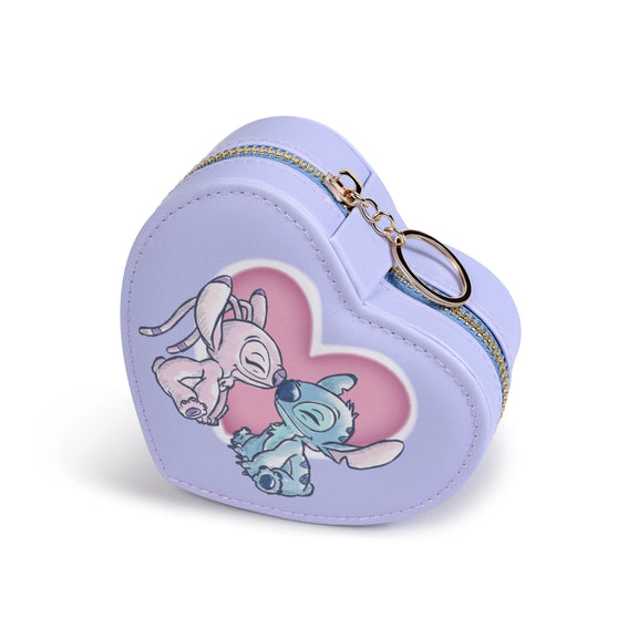 Boîte à bijoux Disney en forme de cœur lilas pastel avec Stitch et Angel enlacés et fermeture zip dorée