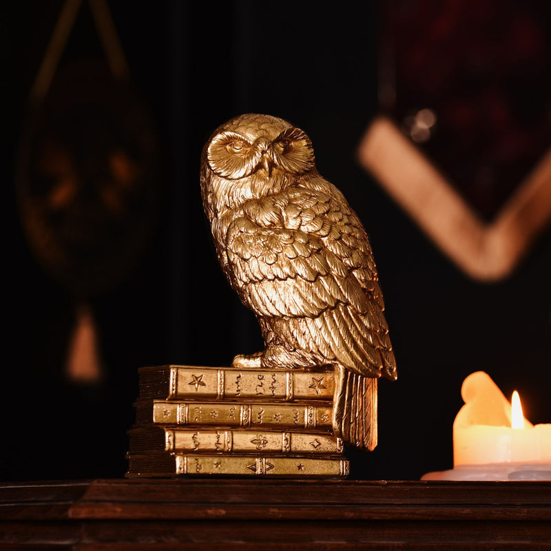 Figurine Harry Potter d'Hedwige perchée sur une pile de livres anciens, finition dorée