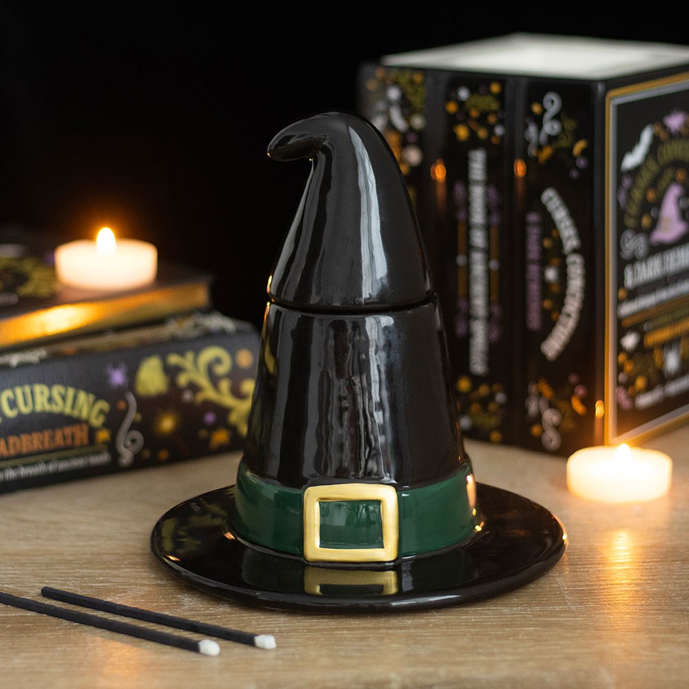 Brûle-parfum en céramique en forme de chapeau de sorcière, bleu nuit étoilé et détails dorés