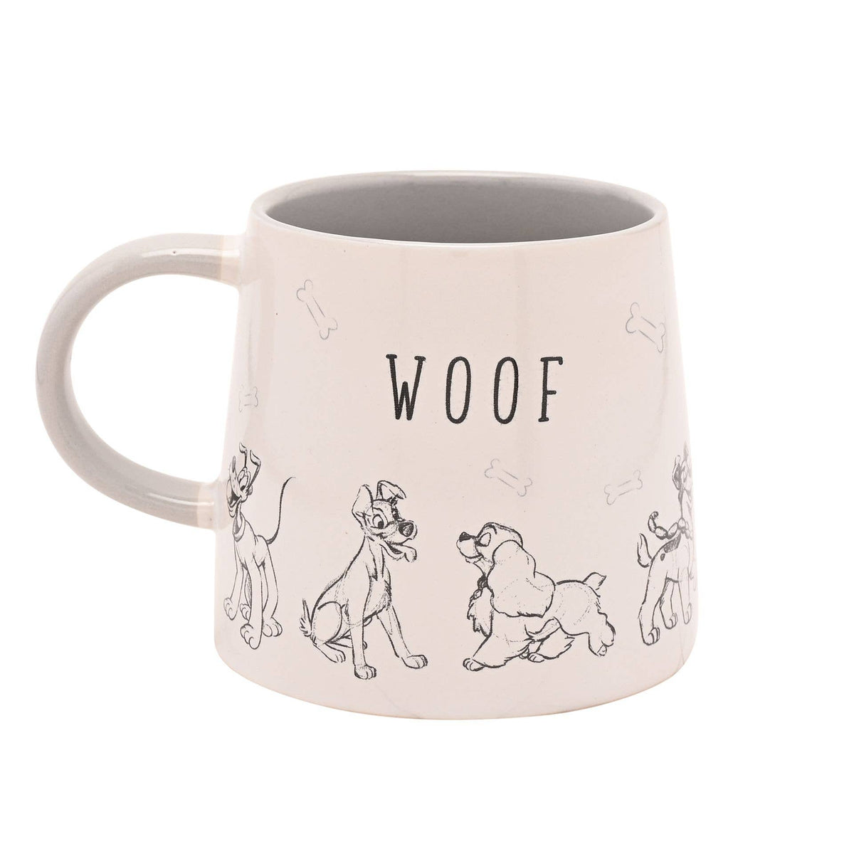 Mug Disney Cats & Dogs en céramique blanche, chiens dessinés en noir et blanc et inscription WOOF