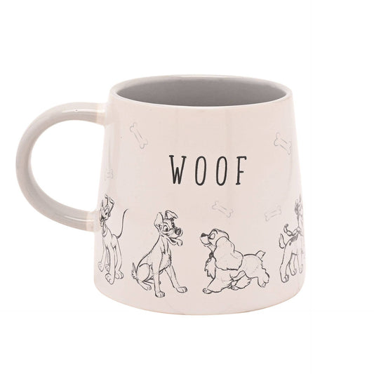 Mug Disney Cats & Dogs en céramique blanche, chiens dessinés en noir et blanc et inscription WOOF