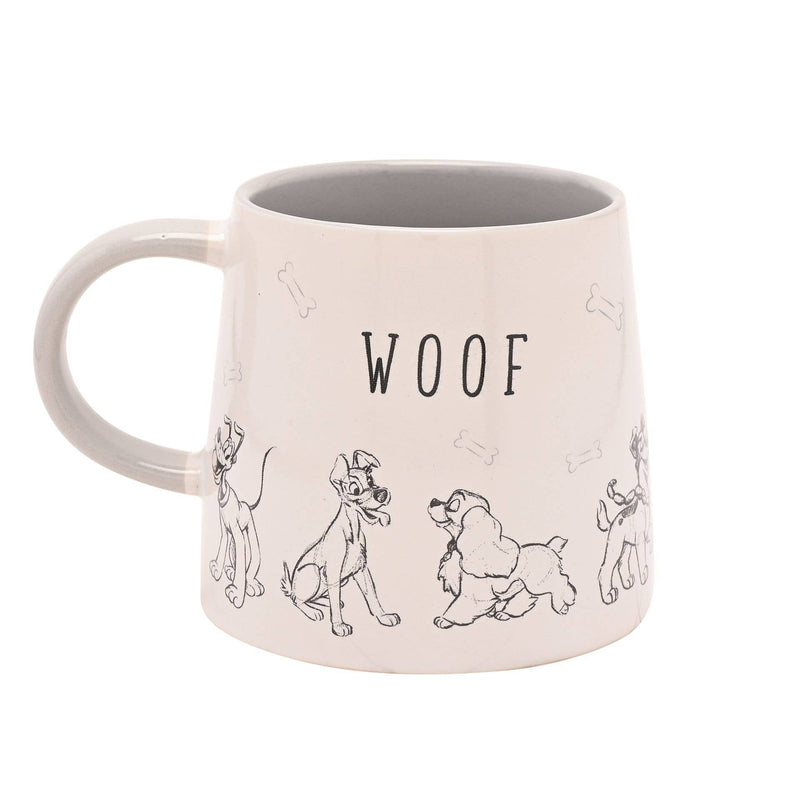 Mug Disney Cats & Dogs en céramique blanche, chiens dessinés en noir et blanc et inscription WOOF