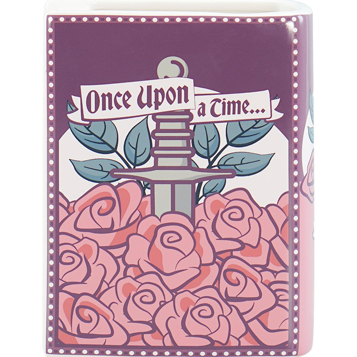 Vase céramique en forme de livre Once Upon a Time orné de roses aux tons rose, violet et bleu