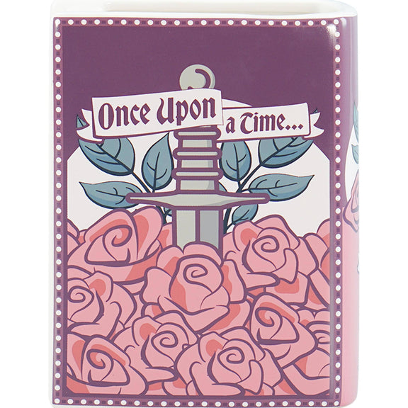 Vase céramique en forme de livre Once Upon a Time orné de roses aux tons rose, violet et bleu