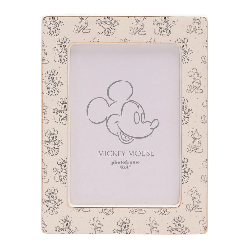 Cadre photo Disney en céramique blanche et dorée illustré de Mickey et Minnie Mouse