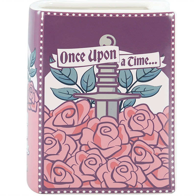Vase céramique en forme de livre Once Upon a Time orné de roses aux tons rose, violet et bleu