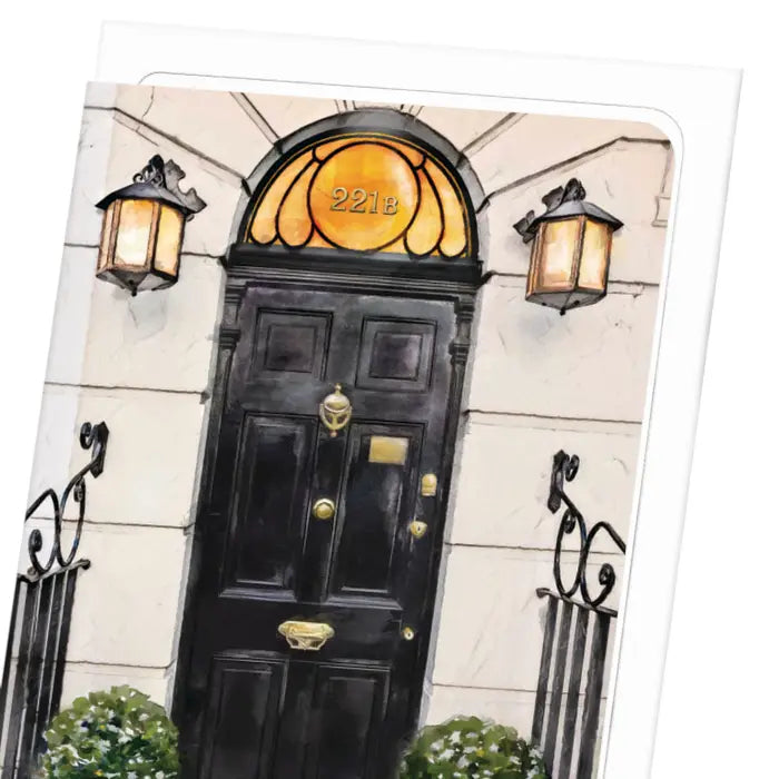 Carte illustrée de la porte noire du 221B Baker Street de Sherlock Holmes avec lanternes victoriennes