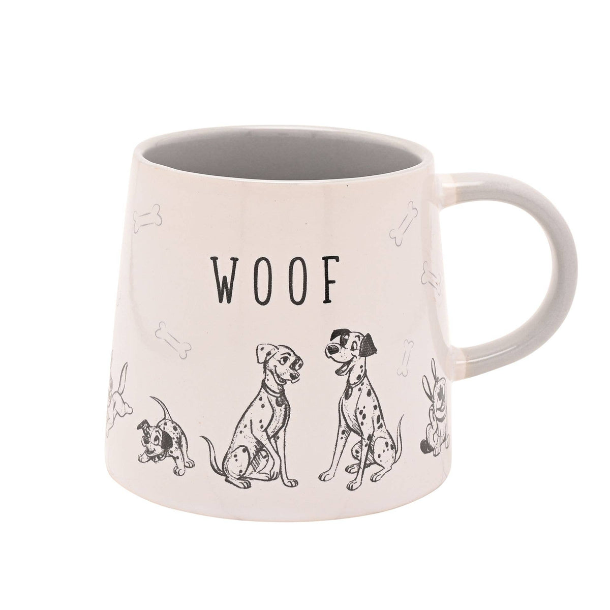 Mug Disney Cats & Dogs en céramique blanche, chiens dessinés en noir et blanc et inscription WOOF