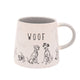 Mug Disney Cats & Dogs en céramique blanche, chiens dessinés en noir et blanc et inscription WOOF