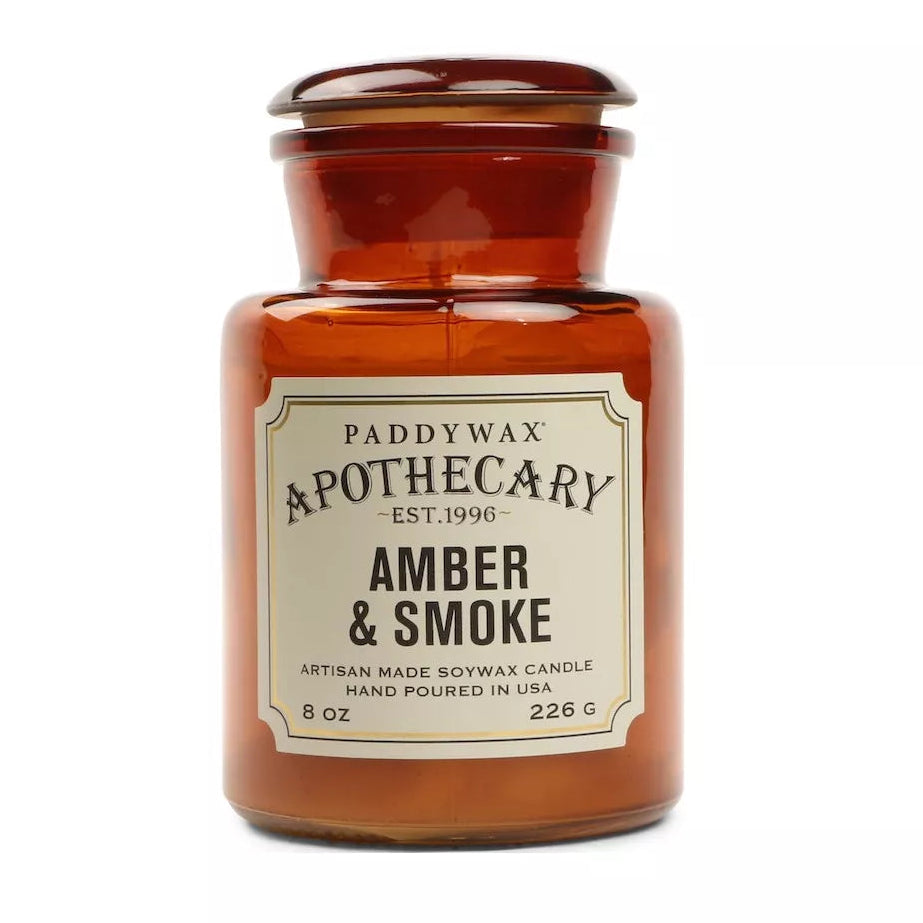 Bougie apothicaire Ambre & Fumée en cire de soja dans un pot en verre ambré vintage 226 g