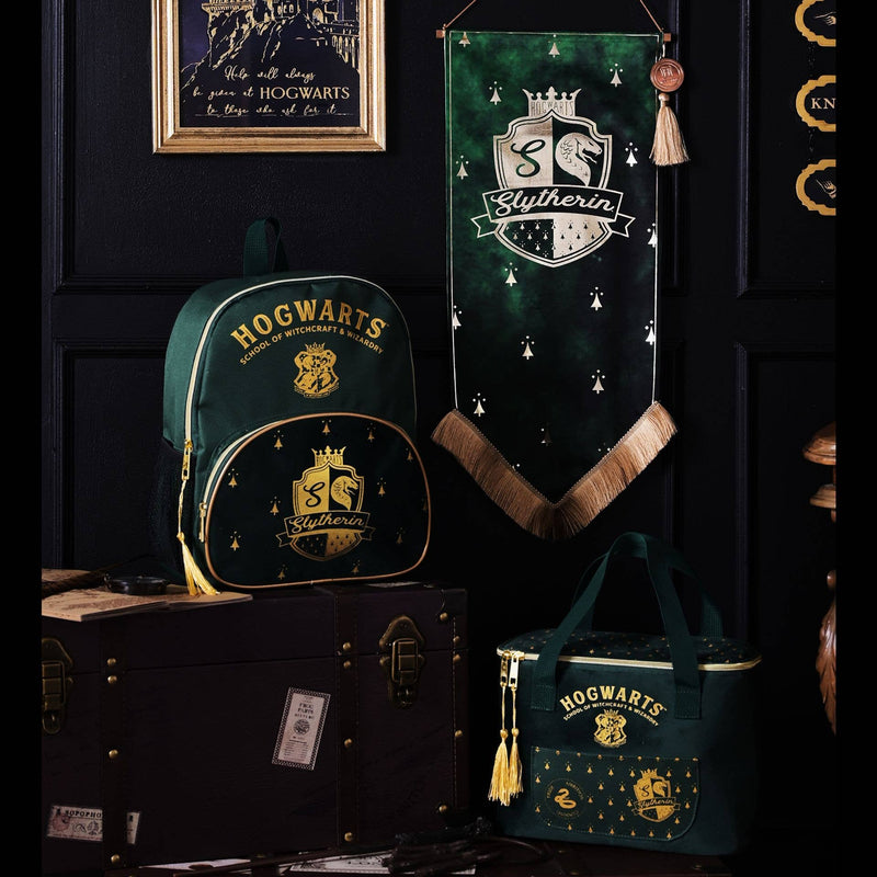 Sac à lunch isotherme Harry Potter Serpentard en velours vert foncé avec blason serpent doré