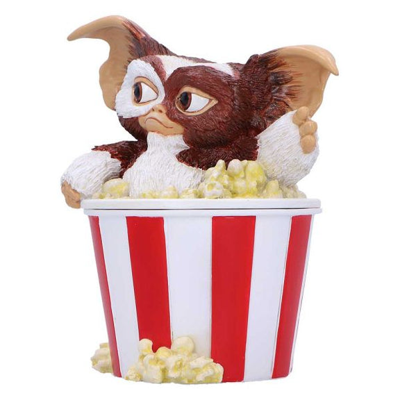 Boîte de collection Gremlins avec Gizmo surgissant d'un pot de popcorn rayé rouge et blanc