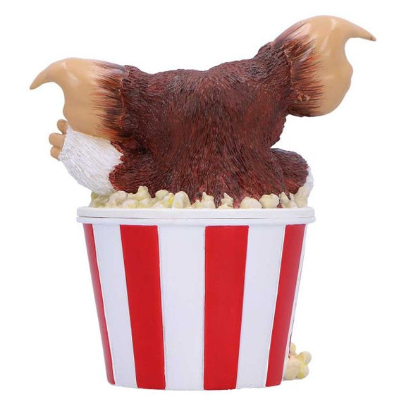 Boîte de collection Gremlins avec Gizmo surgissant d'un pot de popcorn rayé rouge et blanc