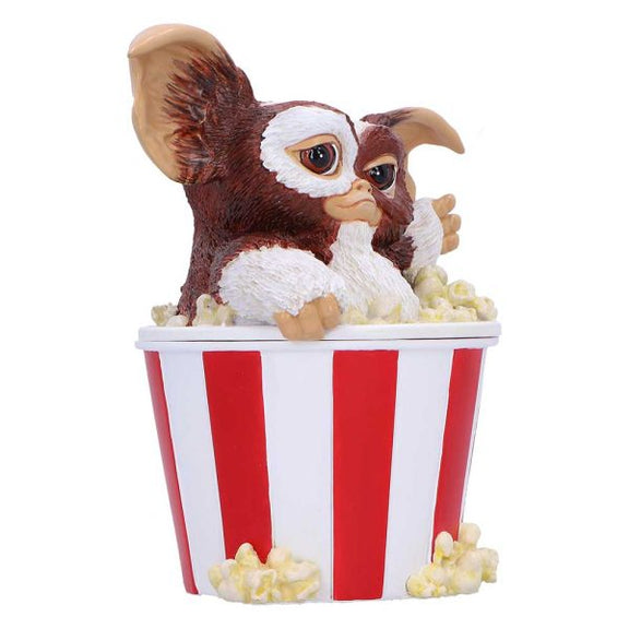 Boîte de collection Gremlins avec Gizmo surgissant d'un pot de popcorn rayé rouge et blanc