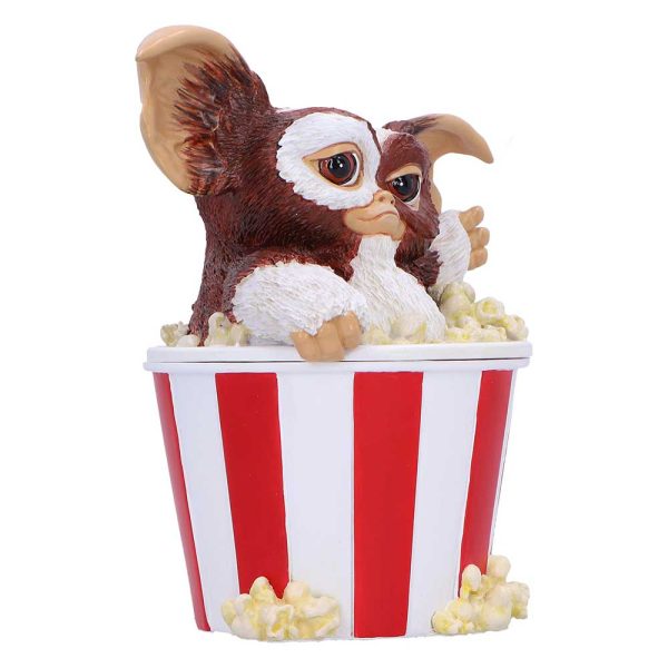 Boîte de collection Gremlins avec Gizmo surgissant d'un pot de popcorn rayé rouge et blanc