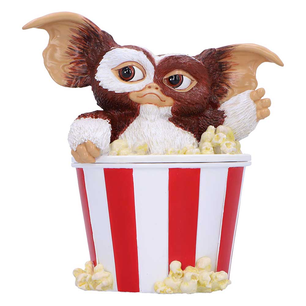 Boîte de collection Gremlins avec Gizmo surgissant d'un pot de popcorn rayé rouge et blanc