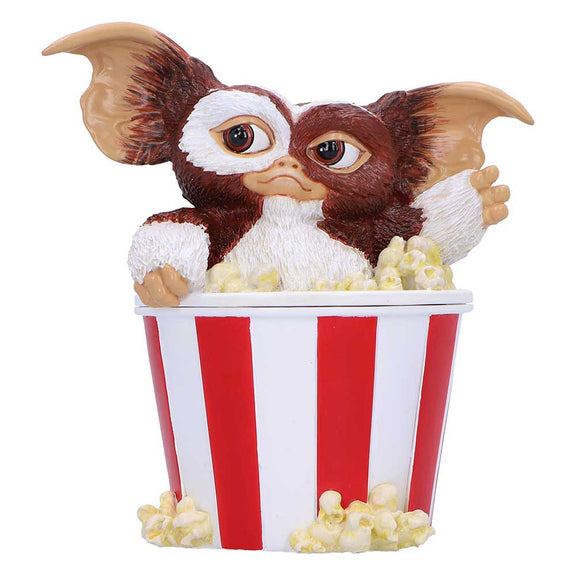 Boîte de collection Gremlins avec Gizmo surgissant d'un pot de popcorn rayé rouge et blanc