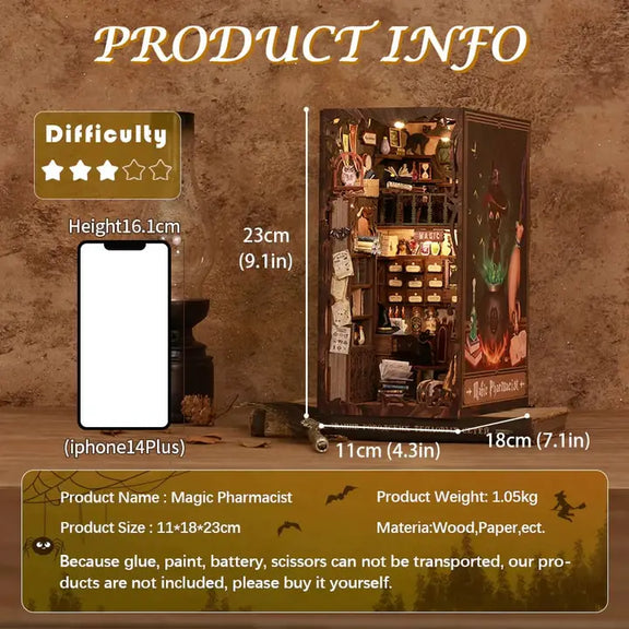 Book nook Pharmacie magique, kit en bois 282 pièces avec LED, boutique d'apothicaire miniature
