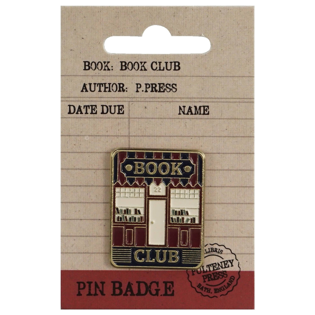 Pin's émaillé Book Club au design rétro de devanture de librairie, badge pour amateurs de lecture