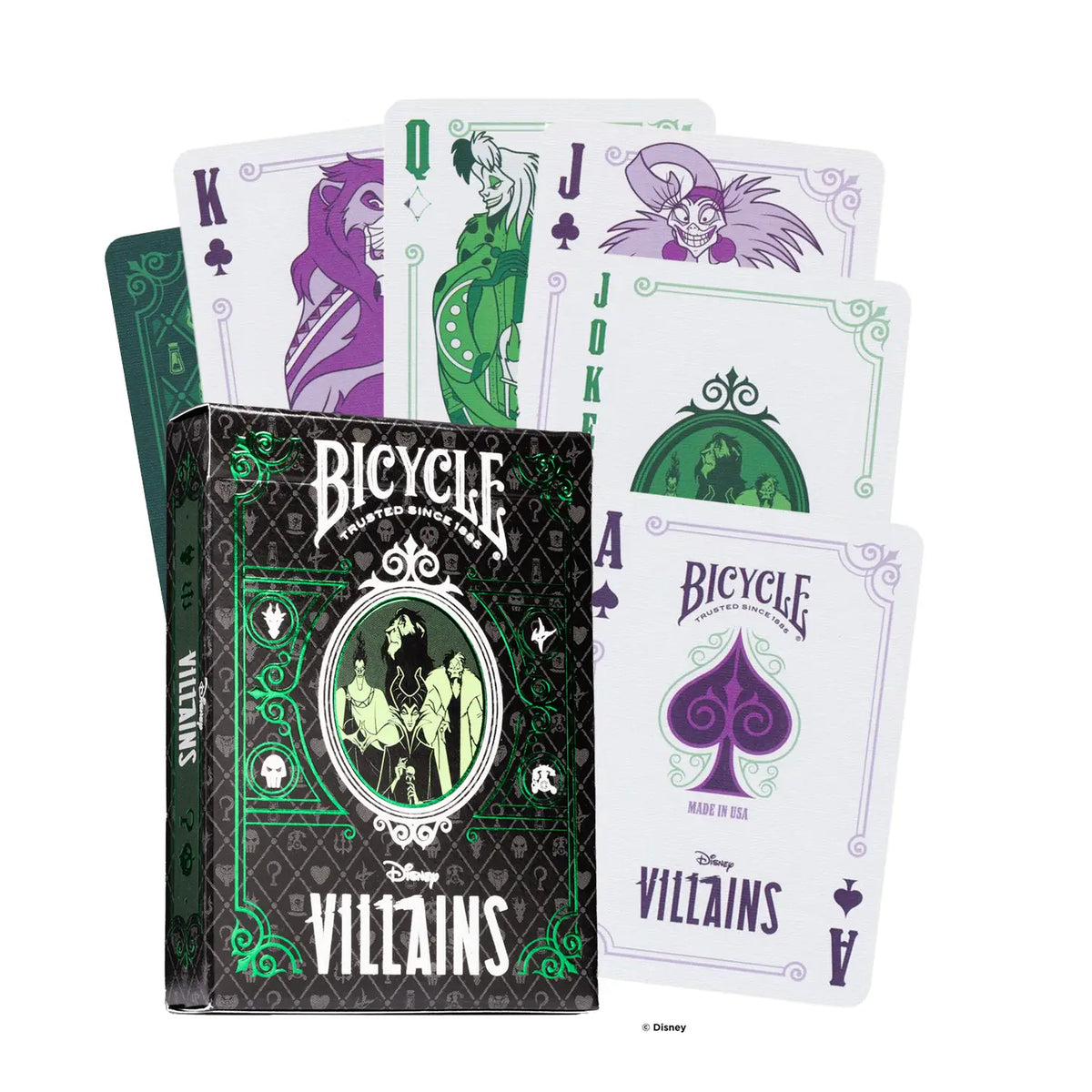 Jeu de cartes Bicycle Disney Villains, étui violet, vert et noir avec les méchants Disney