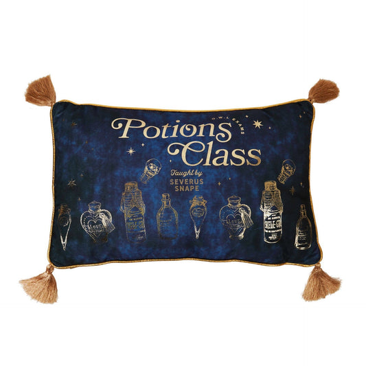 Coussin Harry Potter velours bleu étoilé illustré du cours de potions de Rogue