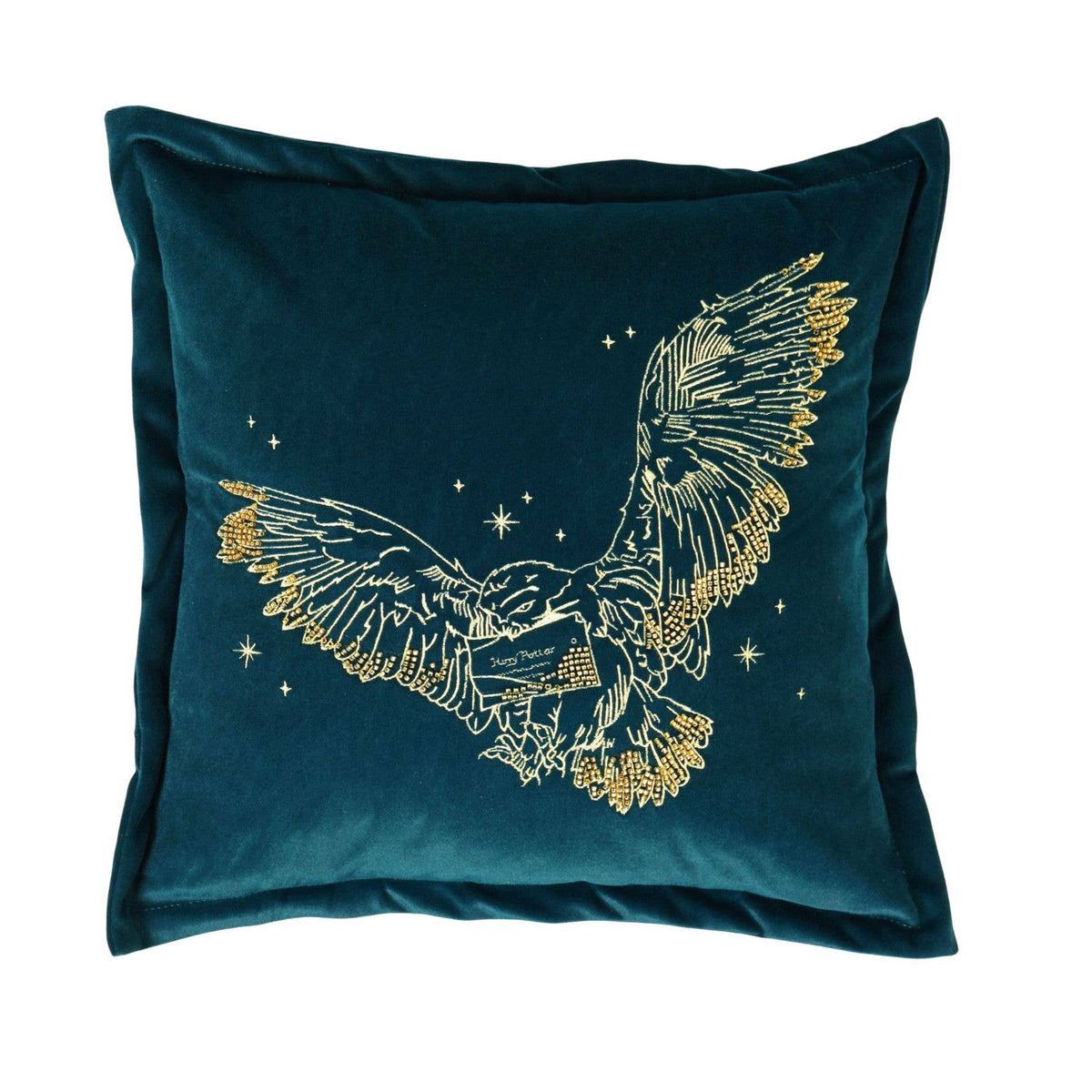Coussin Harry Potter en velours avec Hedwige brodée dorée en plein vol