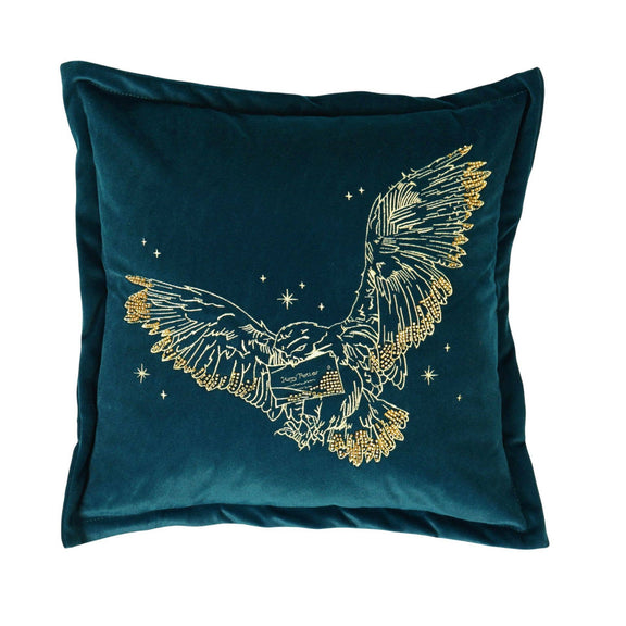 Coussin Harry Potter en velours avec Hedwige brodée dorée en plein vol