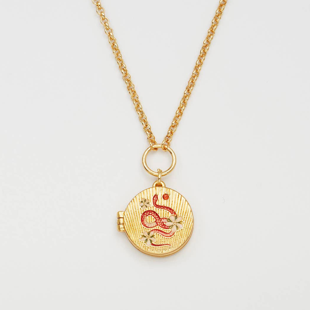 Collier médaillon Snake & Blossom Fable England, serpent émaillé et fleur, plaqué or 22 carats