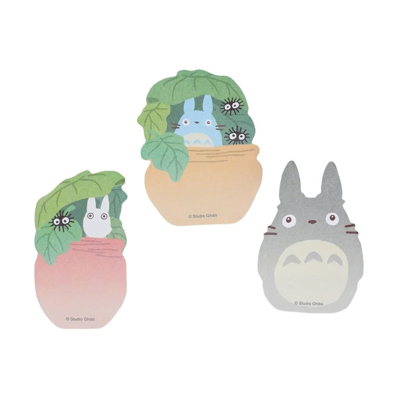 Set de trois blocs mémo Totoro gris, bleu et blanc dans des pots de feuilles, Studio Ghibli