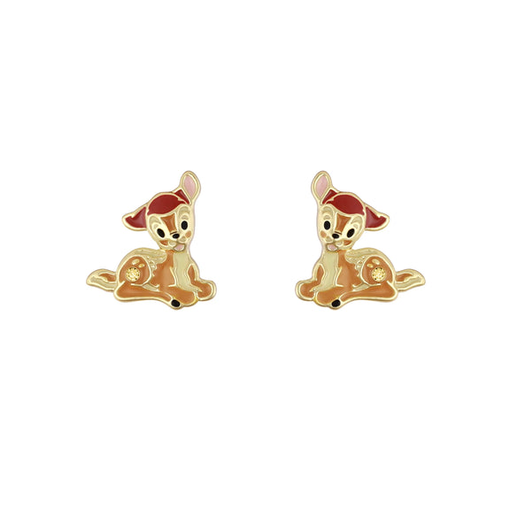 Boucles d'oreilles Disney Bambi plaqué or émaillé représentant le petit faon dans une posture tendre