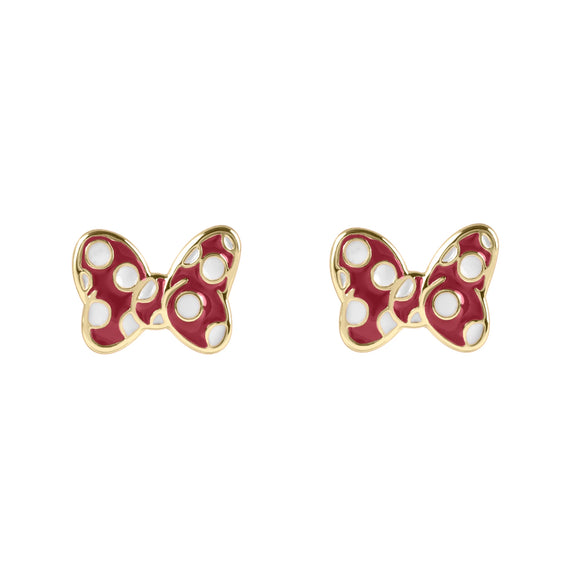 Boucles d'oreilles Disney en forme de nœud de Minnie Mouse, métal doré émaillé rouge à pois blancs