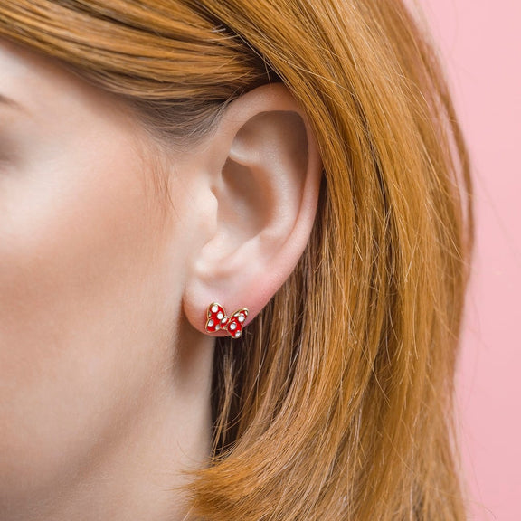 Boucles d'oreilles Disney en forme de nœud de Minnie Mouse, métal doré émaillé rouge à pois blancs